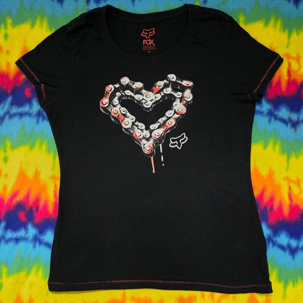 Y2K Fox Racing Womens Black Heart Chain Graphic T-Shirt Short Sleeve Moto Size M